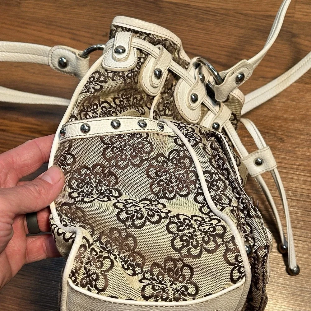 Kathy Van Zeeland Gold Metallic‎ Shopper Tan Floral Purse Handbag w/ Keychain